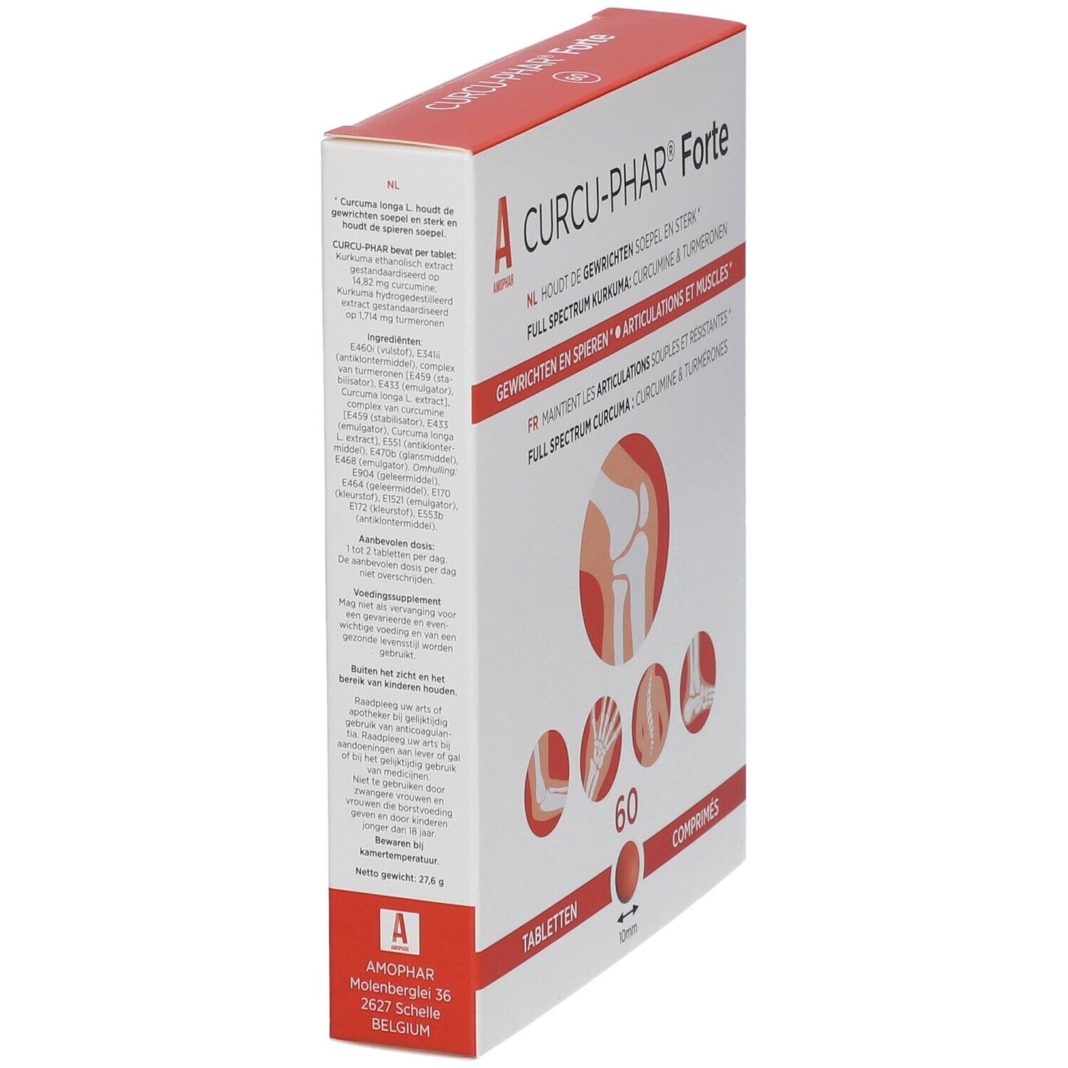 Schuine hoek van een doosje "Curcu-Phar Forte". Bevat 60 tabletten. Tekst in het Duits, Nederlands en Frans.