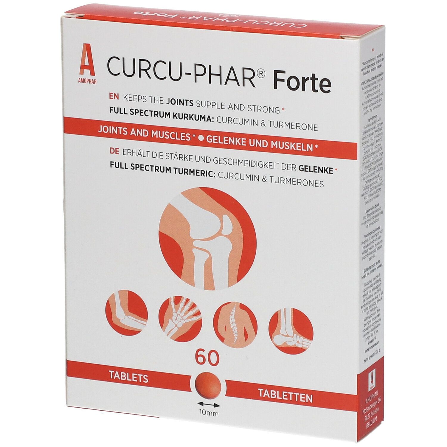 Doosje "Curcu-Phar Forte" met 60 tabletten. Illustraties van gewrichten en spieren. Tekst in het Engels en Duits.