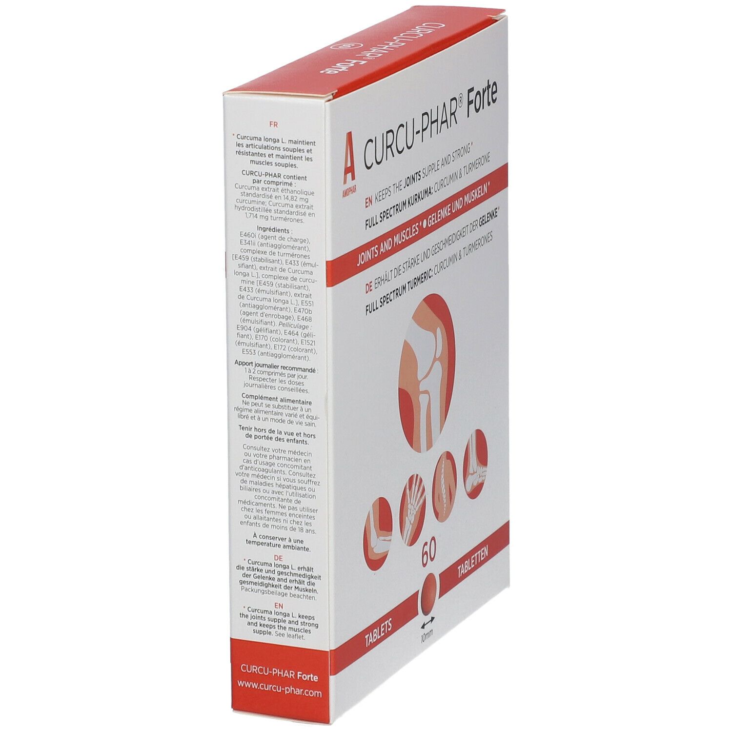 Schuine hoek van een doosje "Curcu-Phar Forte". Bevat 60 tabletten. Tekst in het Duits, Nederlands en Frans.