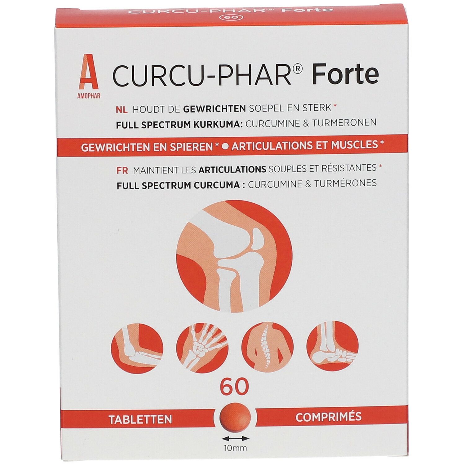 Doosje "Curcu-Phar Forte" tabletten. Bevat 60 tabletten. Illustraties van gewrichten en spieren.