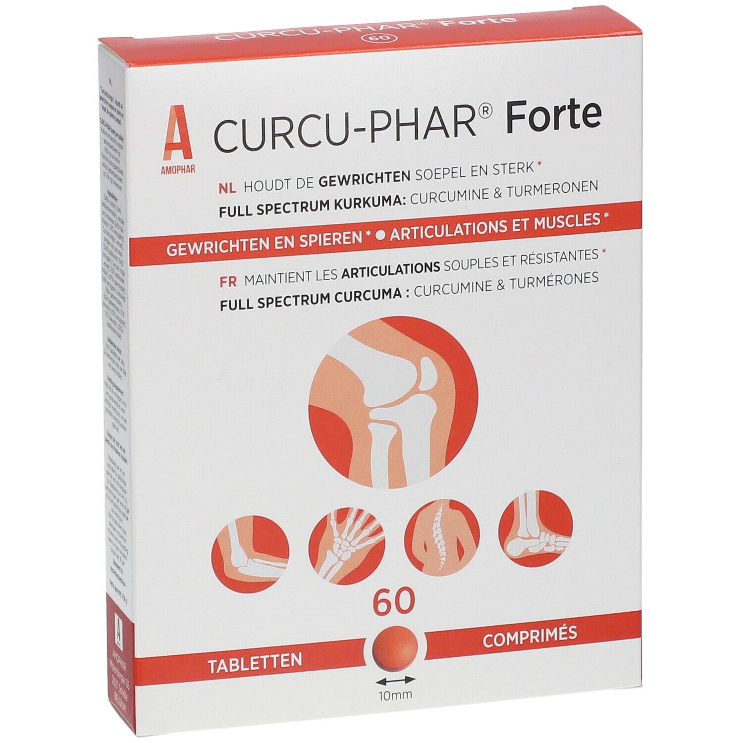 Doosje "Curcu-Phar Forte" tabletten. Bevat 60 tabletten. Illustraties van gewrichten en spieren.