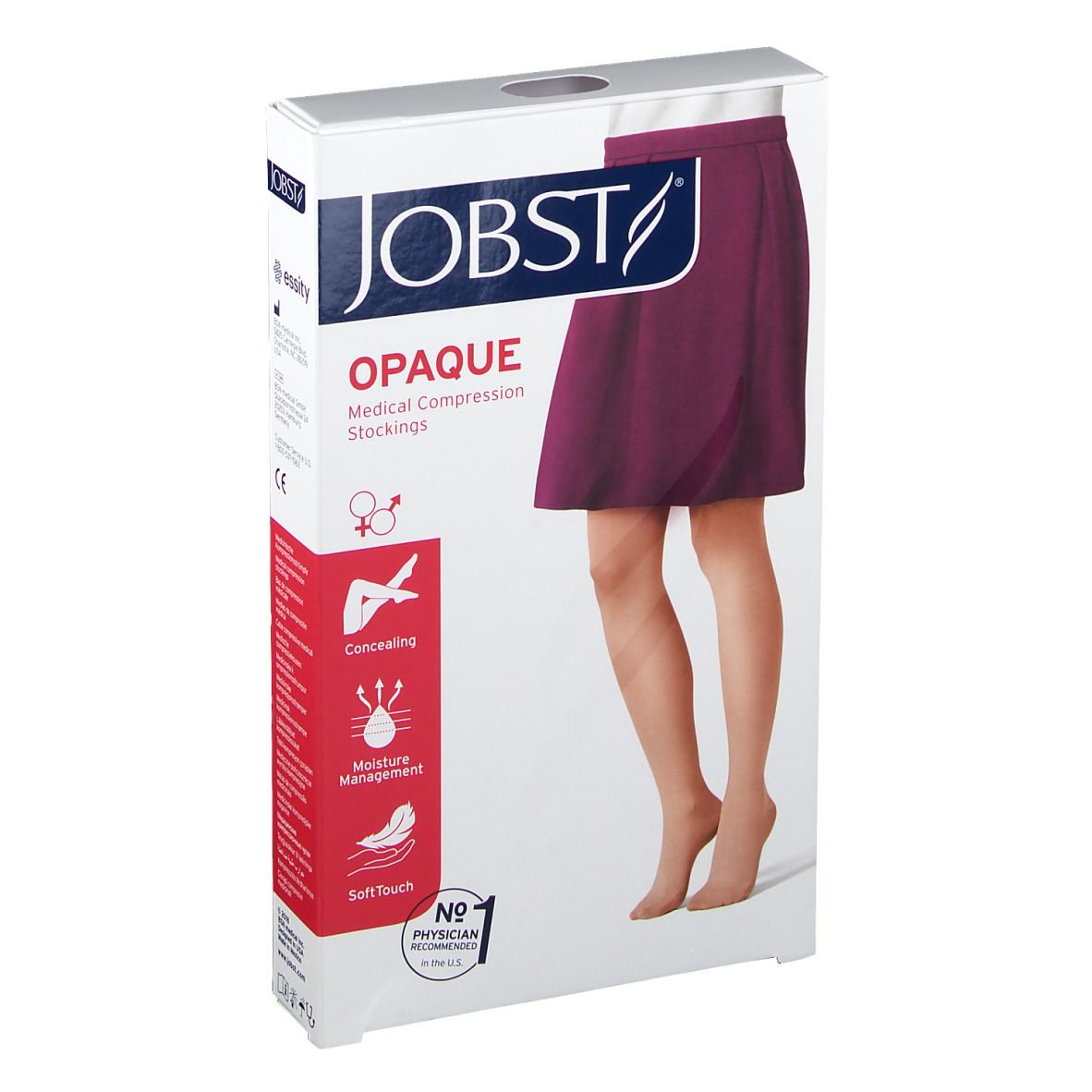 Jobst Opaque compressiekousen, honingkleur, in verpakking. Opschriften: JOBST, OPAQUE, medische compressiekousen, CE-markering.