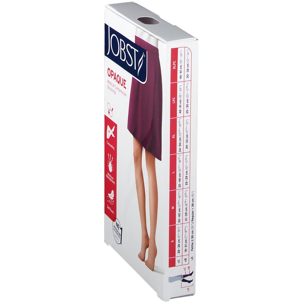 Jobst Opaque verpakking. Opschriften: JOBST, OPAQUE, medische compressiekousen. Maatindicaties en CE-markering op de zijkant.
