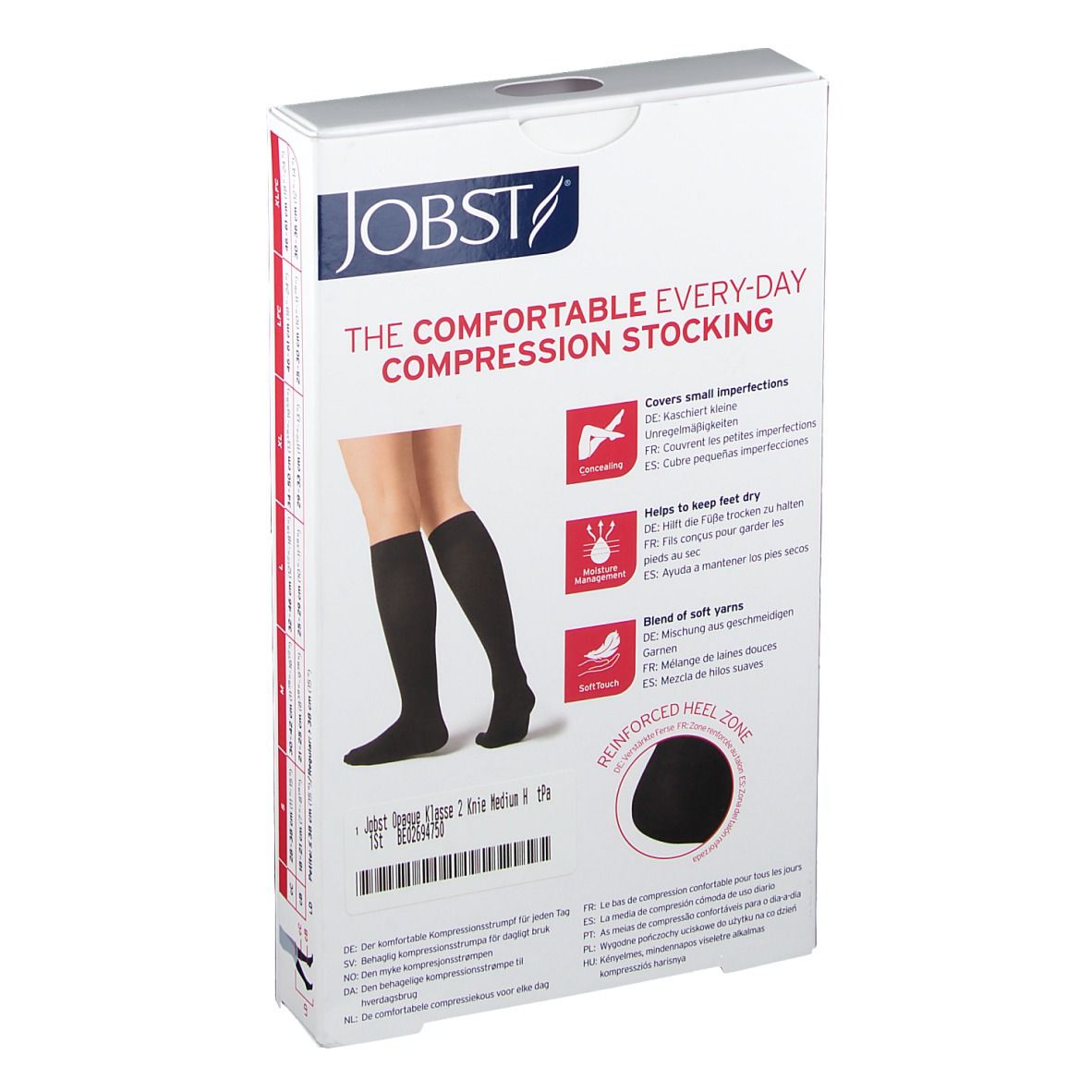 Jobst compressiekousen in zwarte verpakking. Opschriften: JOBST, THE COMFORTABLE EVERY-DAY COMPRESSION STOCKING, REINFORCED HEEL ZONE.