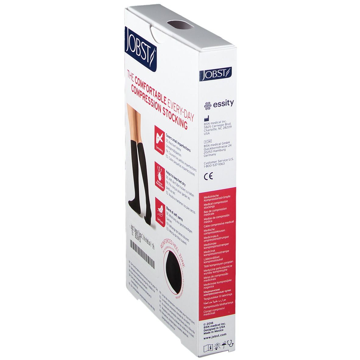 Jobst verpakking. Opschriften: JOBST, THE COMFORTABLE EVERY-DAY COMPRESSION STOCKING. Informatie en CE-markering op de zijkant.