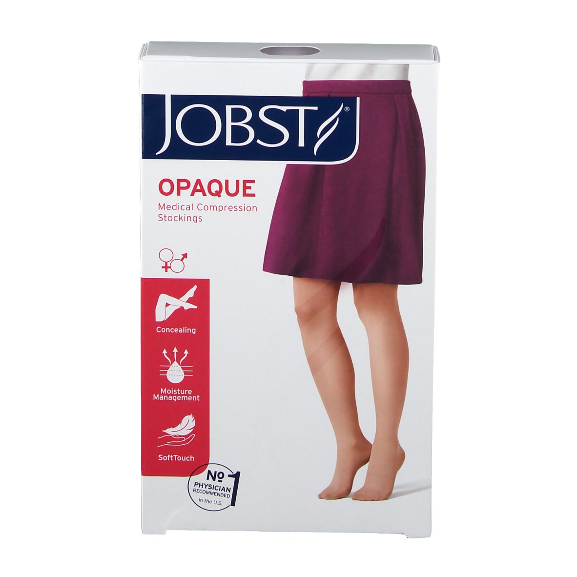Jobst Opaque compressiekousen, honingkleur, in verpakking. Opschriften: JOBST, OPAQUE, medische compressiekousen, CE-markering.