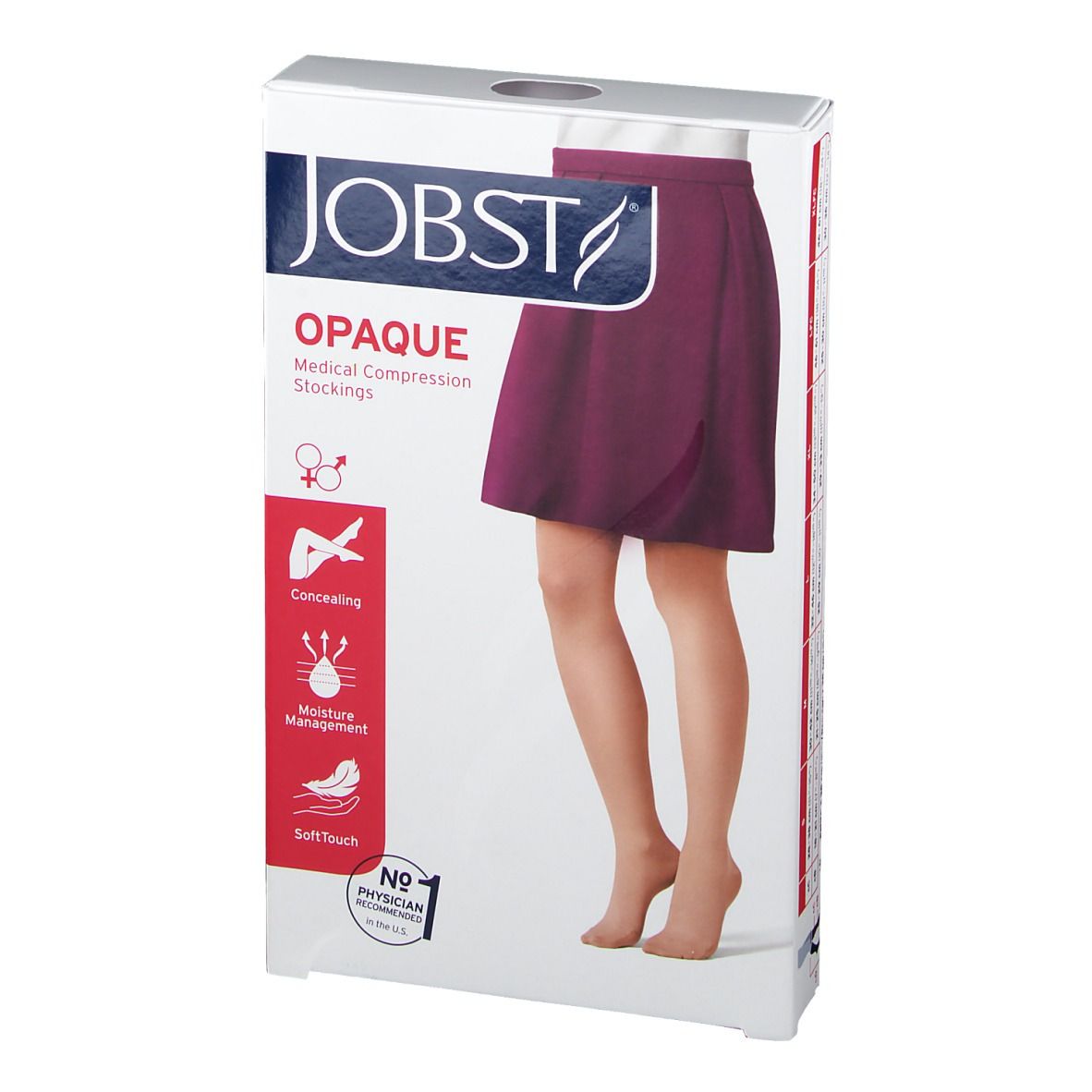Jobst Opaque compressiekousen, honingkleur, in verpakking. Opschriften: JOBST, OPAQUE, medische compressiekousen, CE-markering.