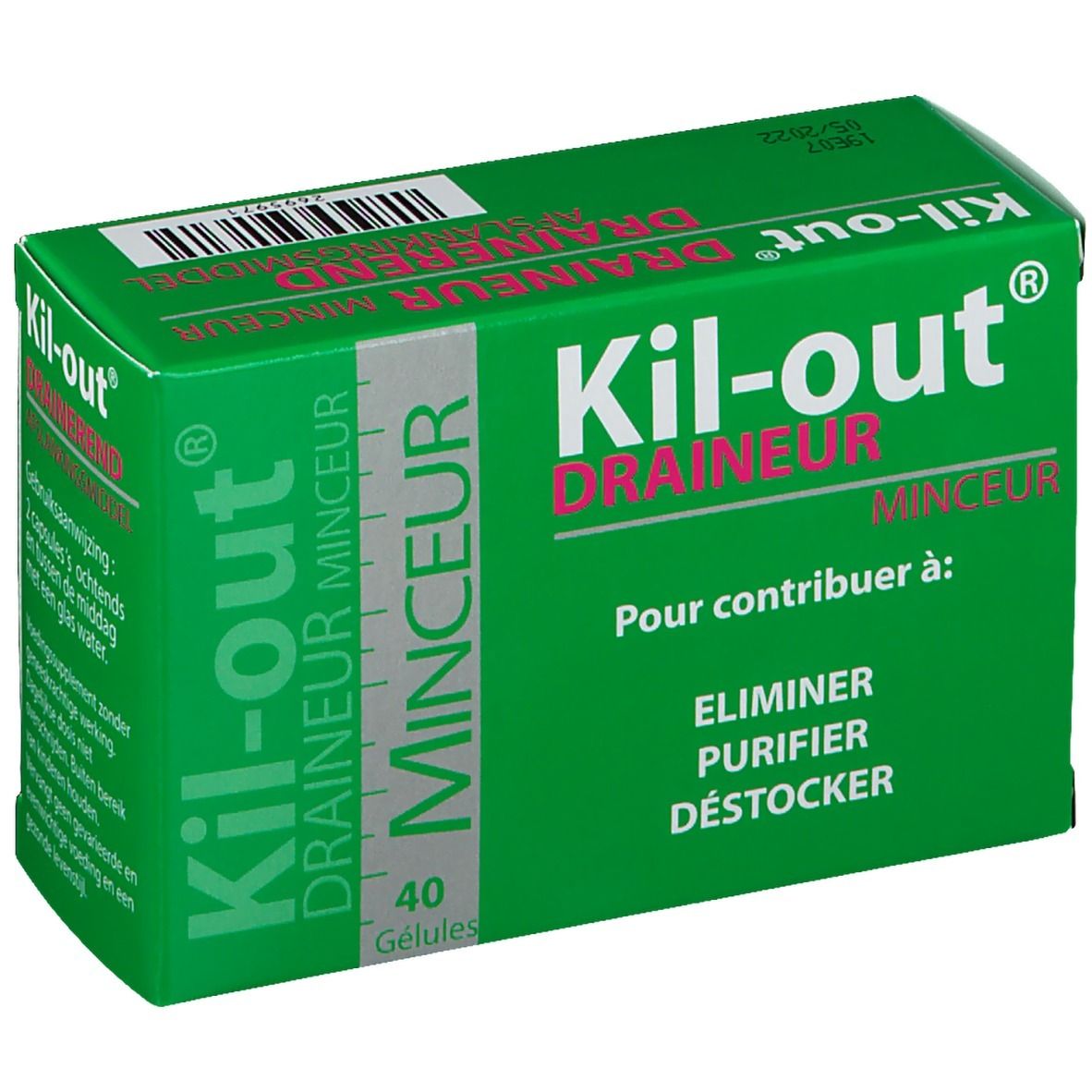 Boîte verte "Kil-out". Inscription "Draineur Minceur". Contient 40 gélules. Inscriptions en français.