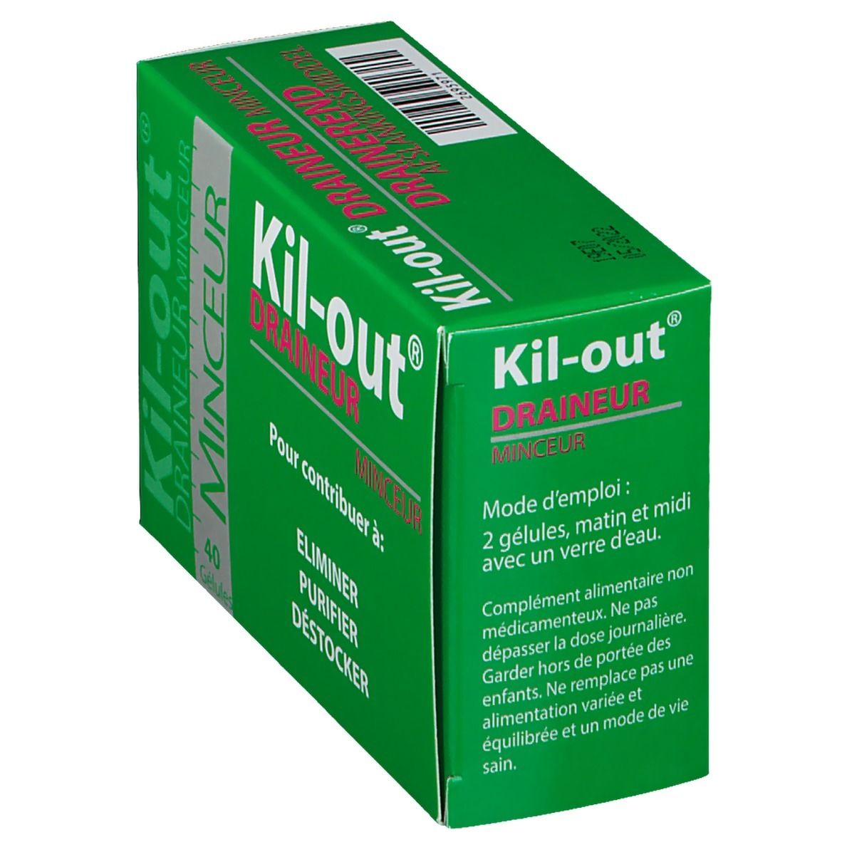 Boîte verte "Kil-out". Inscription "Draineur Minceur". Mode d'emploi en français. Code-barres.