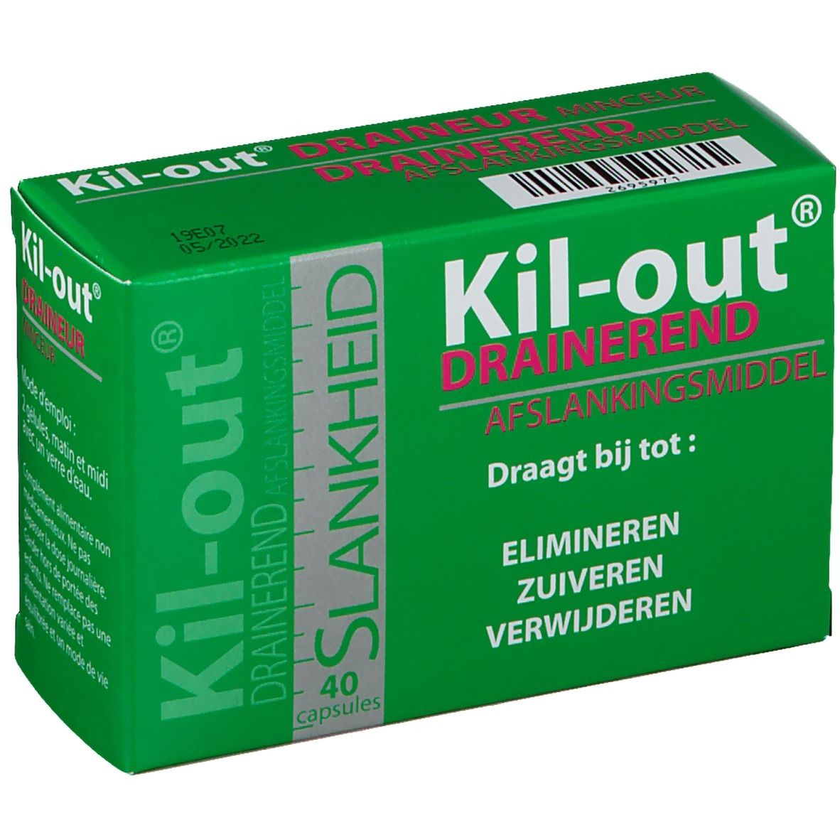 Boîte verte "Kil-out". Inscription "Draineur Minceur". Contient 40 capsules. Texte en néerlandais.
