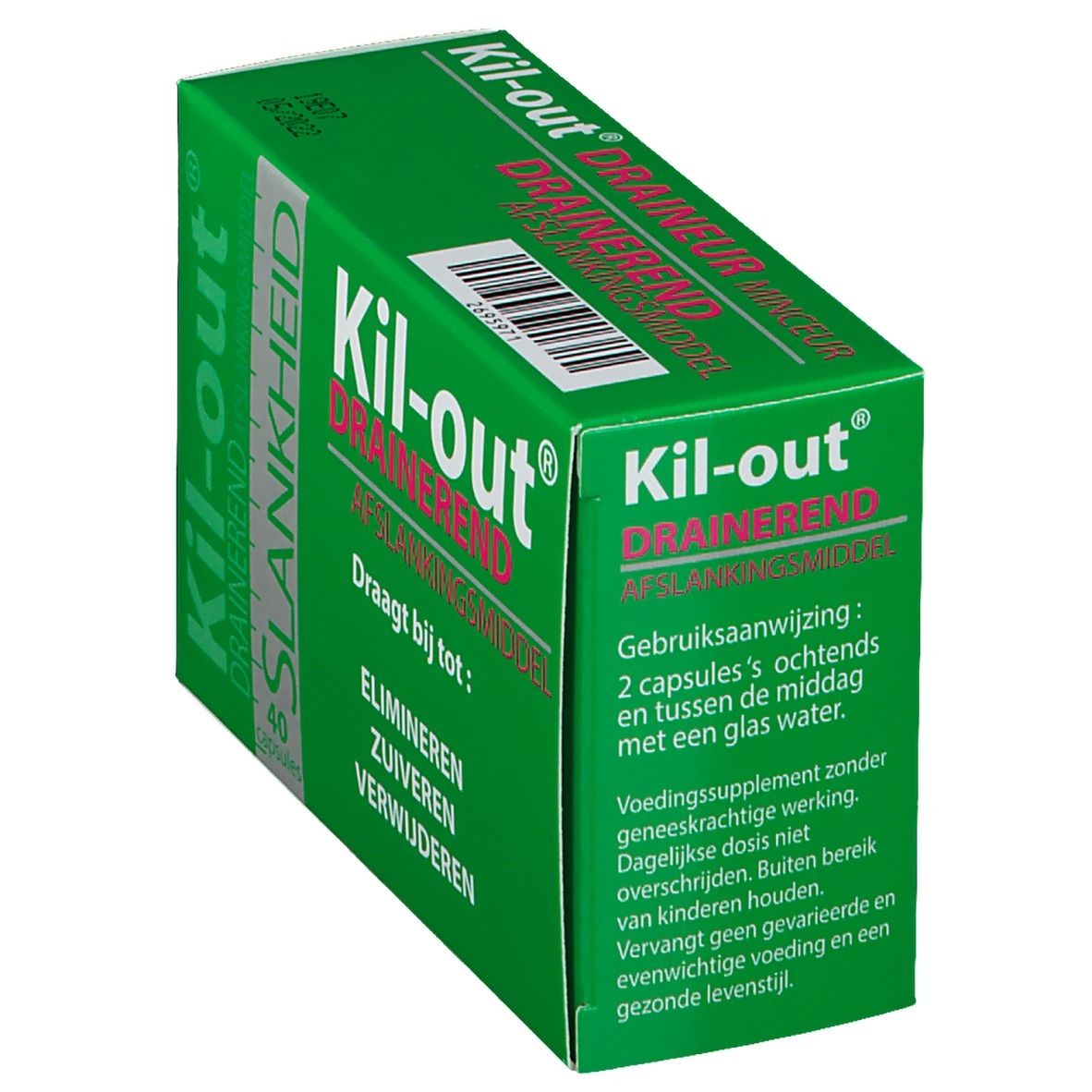 Boîte verte "Kil-out". Inscription "Draineur Minceur". Mode d'emploi en néerlandais.