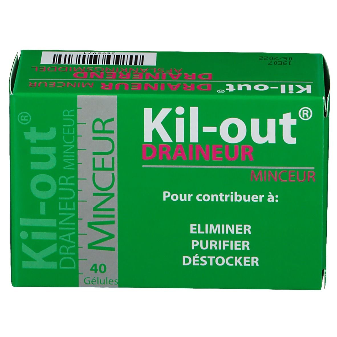 Boîte verte "Kil-out". Inscription "Draineur Minceur". Contient 40 gélules. Inscriptions en français.