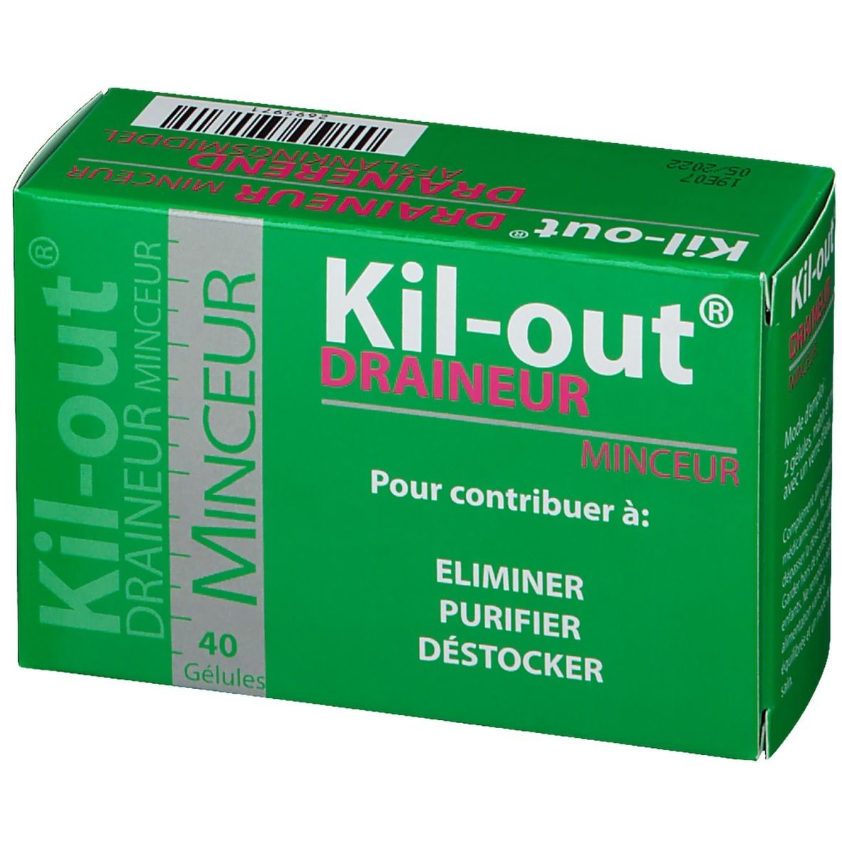 Boîte verte "Kil-out". Inscription "Draineur Minceur". Contient 40 gélules. Inscriptions en français.