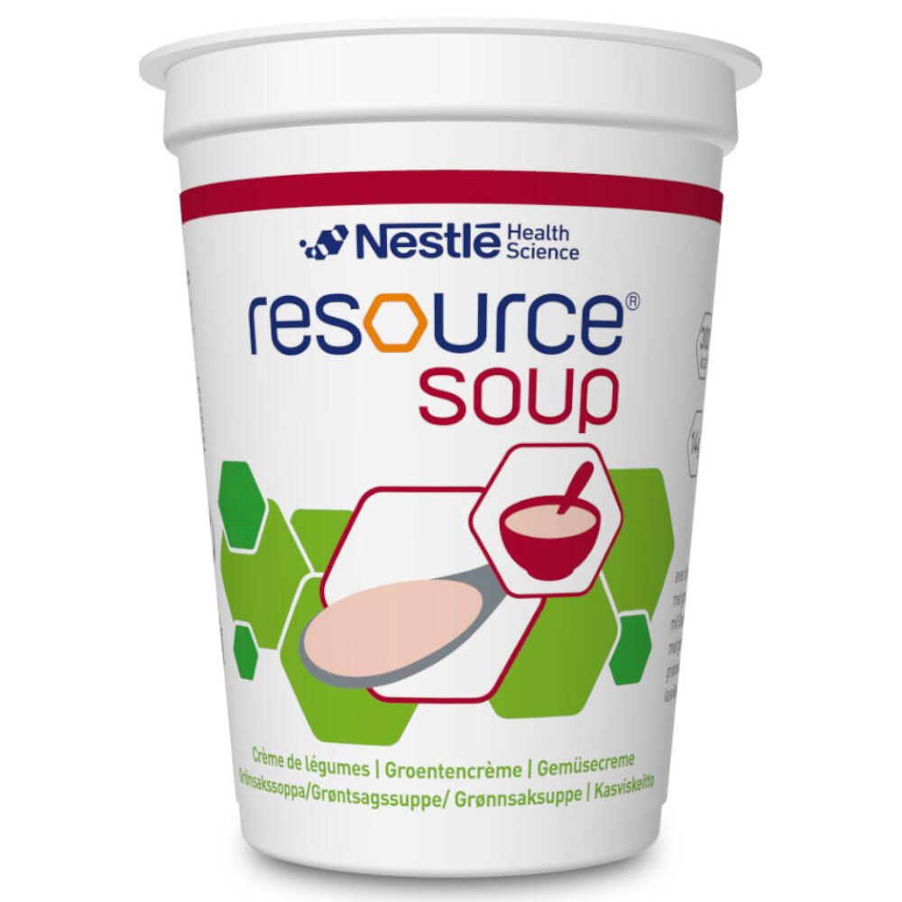Gobelet de Resource Soup Légumes. Logo Nestle Health Science. Inscription Resource Soup. Illustration d'une soupe avec une cuillère.