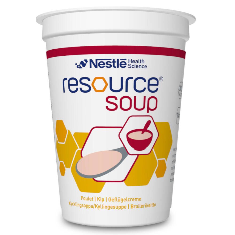 Gobelet de Resource Soup. Inscription: Nestle Health Science, Resource Soup. Illustration d'une soupe avec une cuillère.