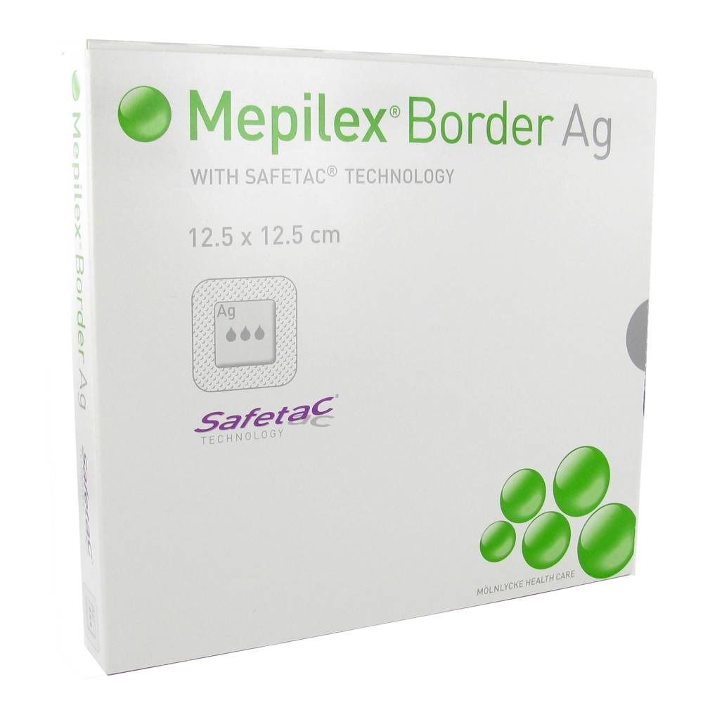 Emballage de Mepilex® Border Ag, 12,5 x 12,5 cm. Avec la technologie Safetac®. Des cercles verts sont représentés sur l'emballage.