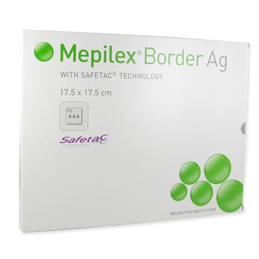 Boîte de Mepilex Border Ag, 17,5 x 17,5 cm. Technologie Safetac. Cercles verts et logo.