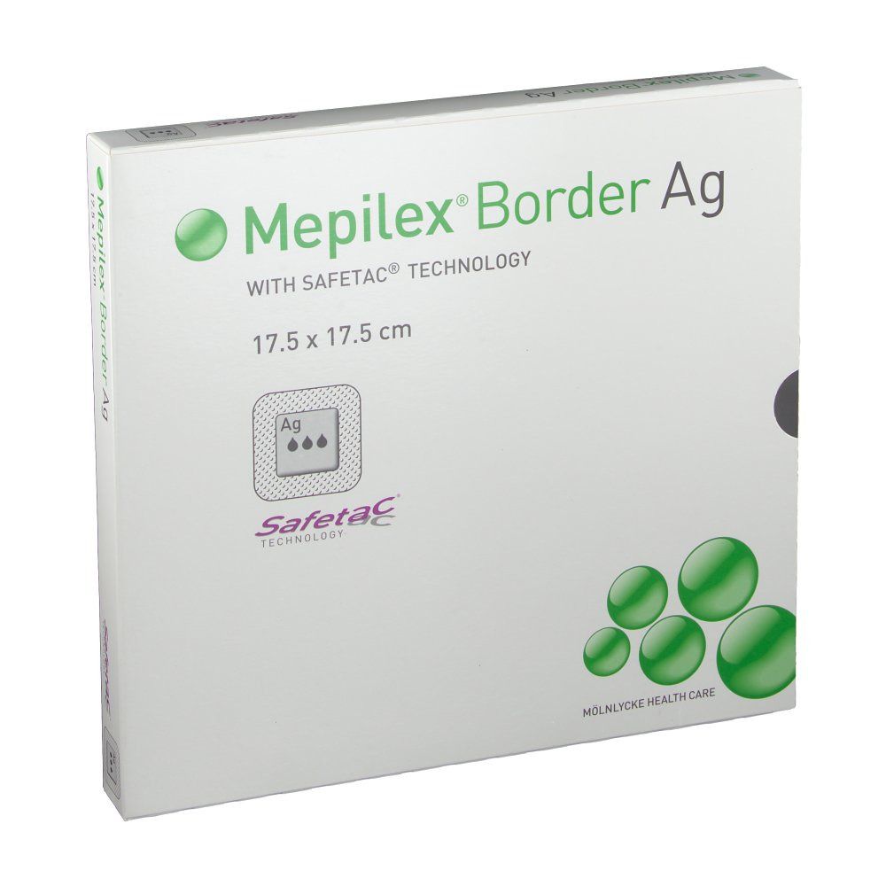 Boîte de Mepilex Border Ag, 17,5 x 17,5 cm. Technologie Safetac. Cercles verts et logo. Vue en perspective.
