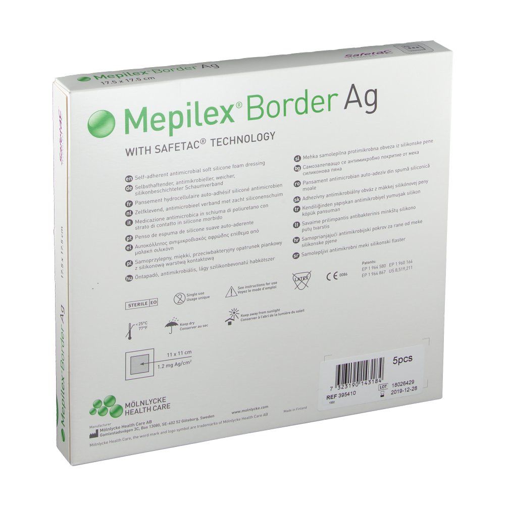 Dos de la boîte de Mepilex Border Ag. Informations, symboles et code-barres. Taille : 17,5 x 17,5 cm.
