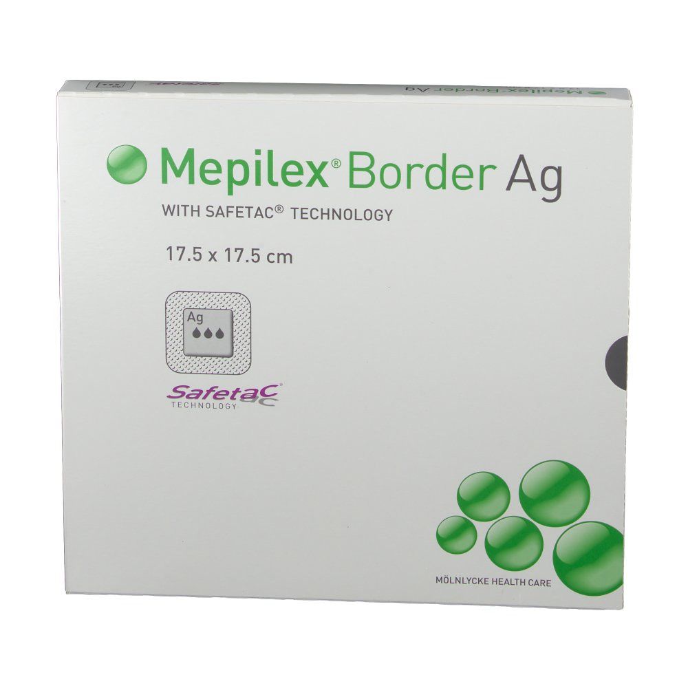 Boîte de Mepilex Border Ag, 17,5 x 17,5 cm. Technologie Safetac. Cercles verts et logo. Vue en perspective.
