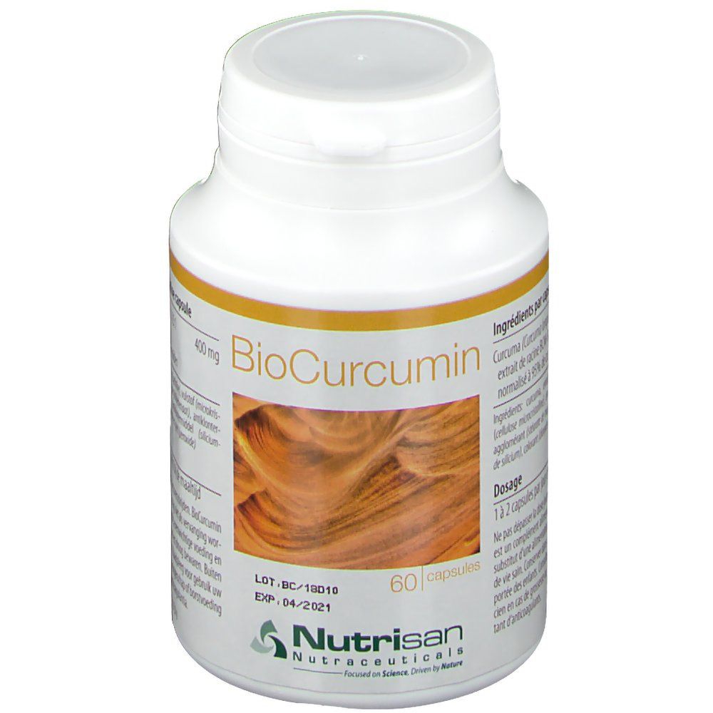 Flacon blanc de gélules. Inscription: BioCurcumin, 60 gélules. Liste des ingrédients et logo Nutrisan.