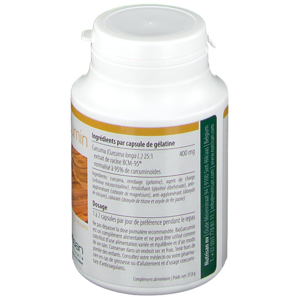 Dos du flacon blanc. Liste des ingrédients, posologie et informations du fabricant. Logo Nutrisan.