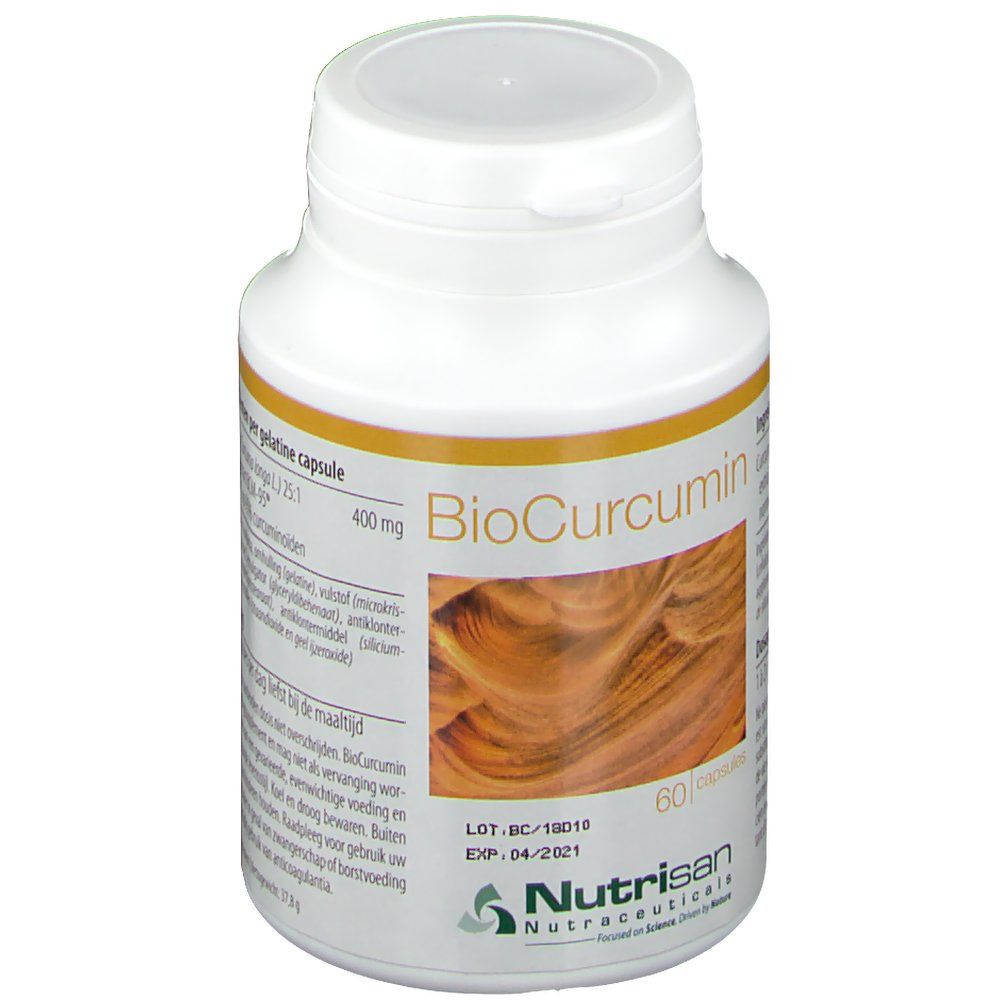 Flacon blanc de gélules. Inscription: BioCurcumin, 60 gélules. Liste des ingrédients et logo Nutrisan.