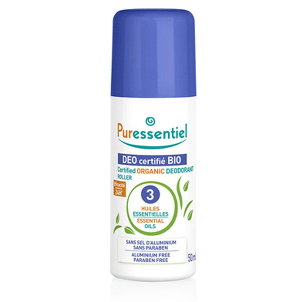 Déodorant roll-on avec bouchon bleu. "DEO certifié BIO" et "3 Huiles essentielles" sur l'étiquette. Sans sels d'aluminium.