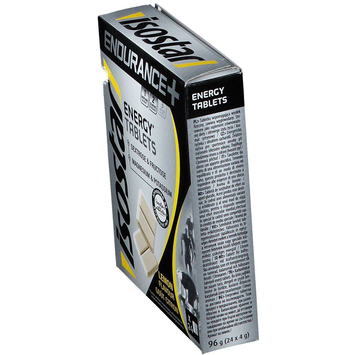 Schachtel Isostar Endurance+ Energy Tablets, Zitrone. Seitenansicht. Enthält Tabletten. Aufschrift: Energy Tablets, 96g (24x4g).
