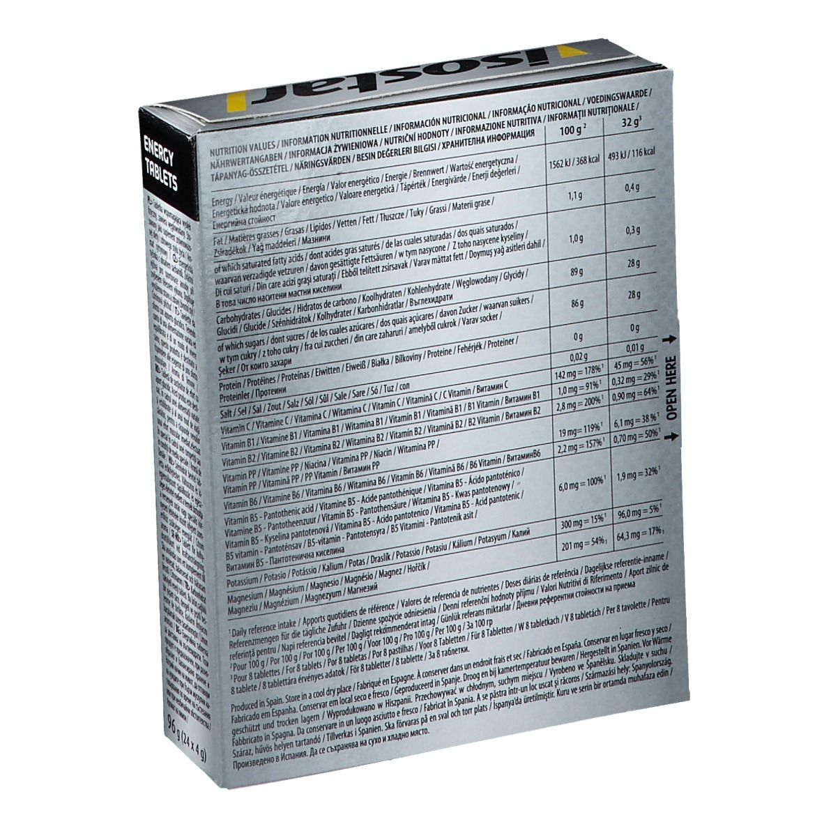 Rückseite der Schachtel Isostar Energy Tablets. Enthält Nährwertangaben. Aufschrift: Energy Tablets, 100g.