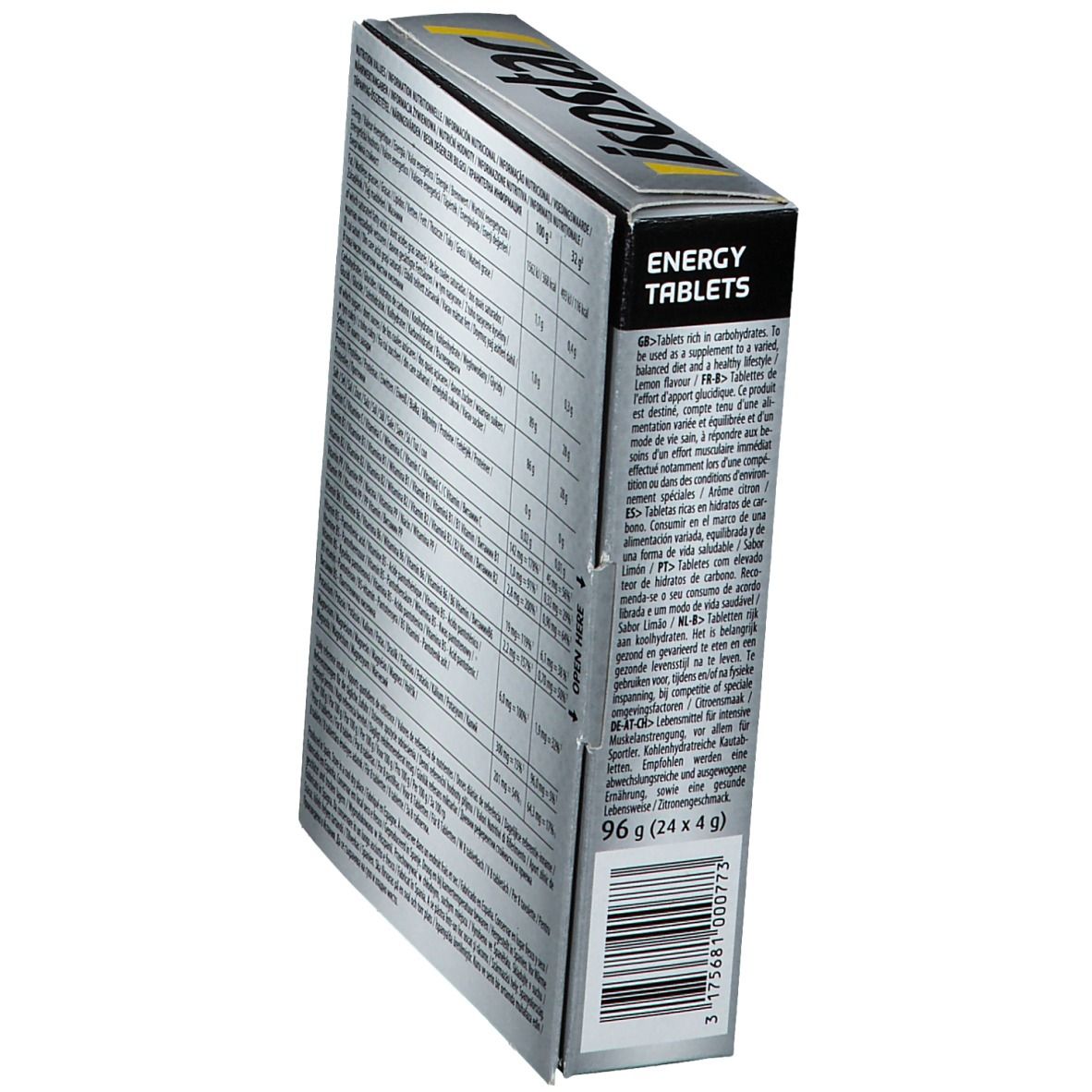 Seitenansicht der Schachtel Isostar Energy Tablets. Enthält Nährwertangaben. Aufschrift: Energy Tablets, 96g (24x4g).