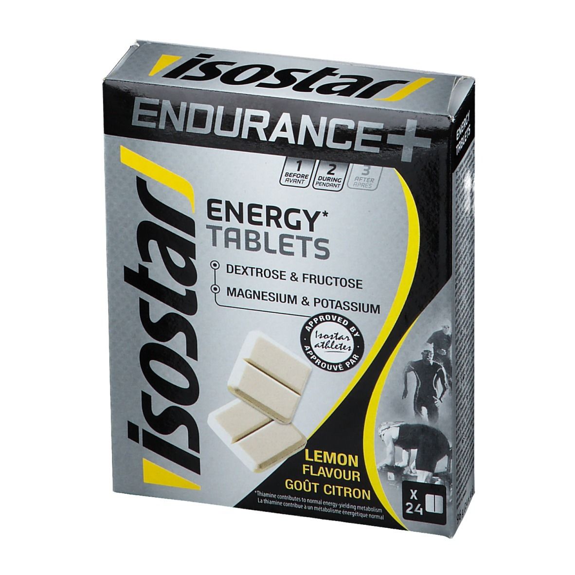 Schachtel mit Energy Tablets. Aufschrift: Isostar, Endurance+, Energy Tablets, Zitrone. Enthält 24 Tabletten.