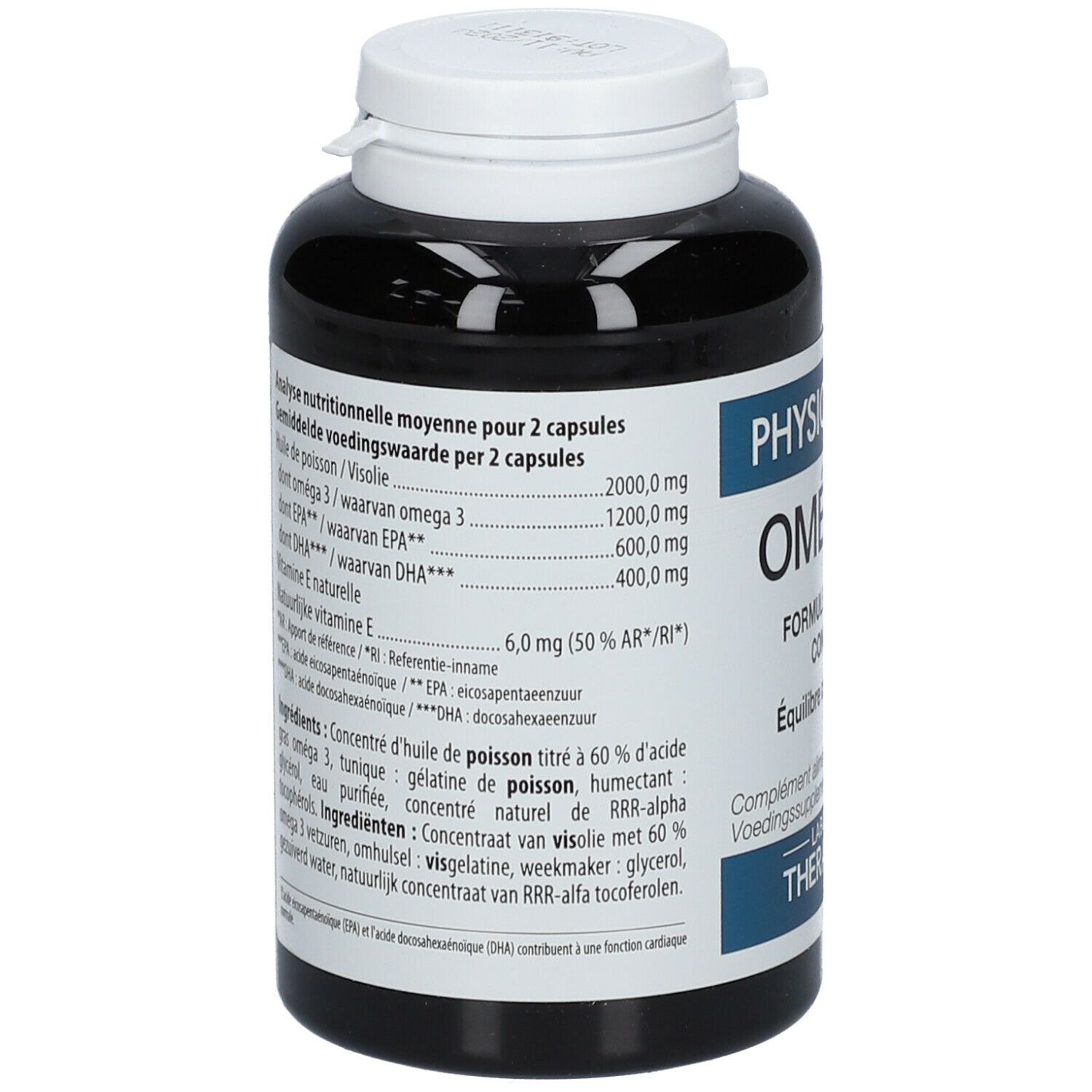 Dos du flacon. Contient les informations nutritionnelles pour 2 capsules. Ingrédients: huile de poisson, Omega 3, EPA, DHA, vitamine E. THERASCIENCE.