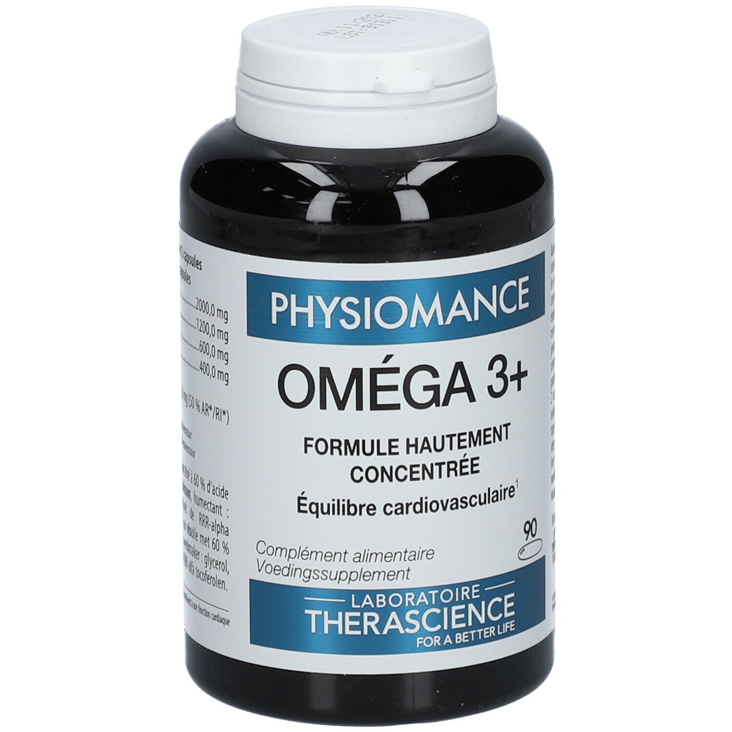 Flacon noir avec bouchon blanc. Inscription PHYSIOMANCE OMEGA 3+. Contient 90 capsules. Laboratoire THERASCIENCE.