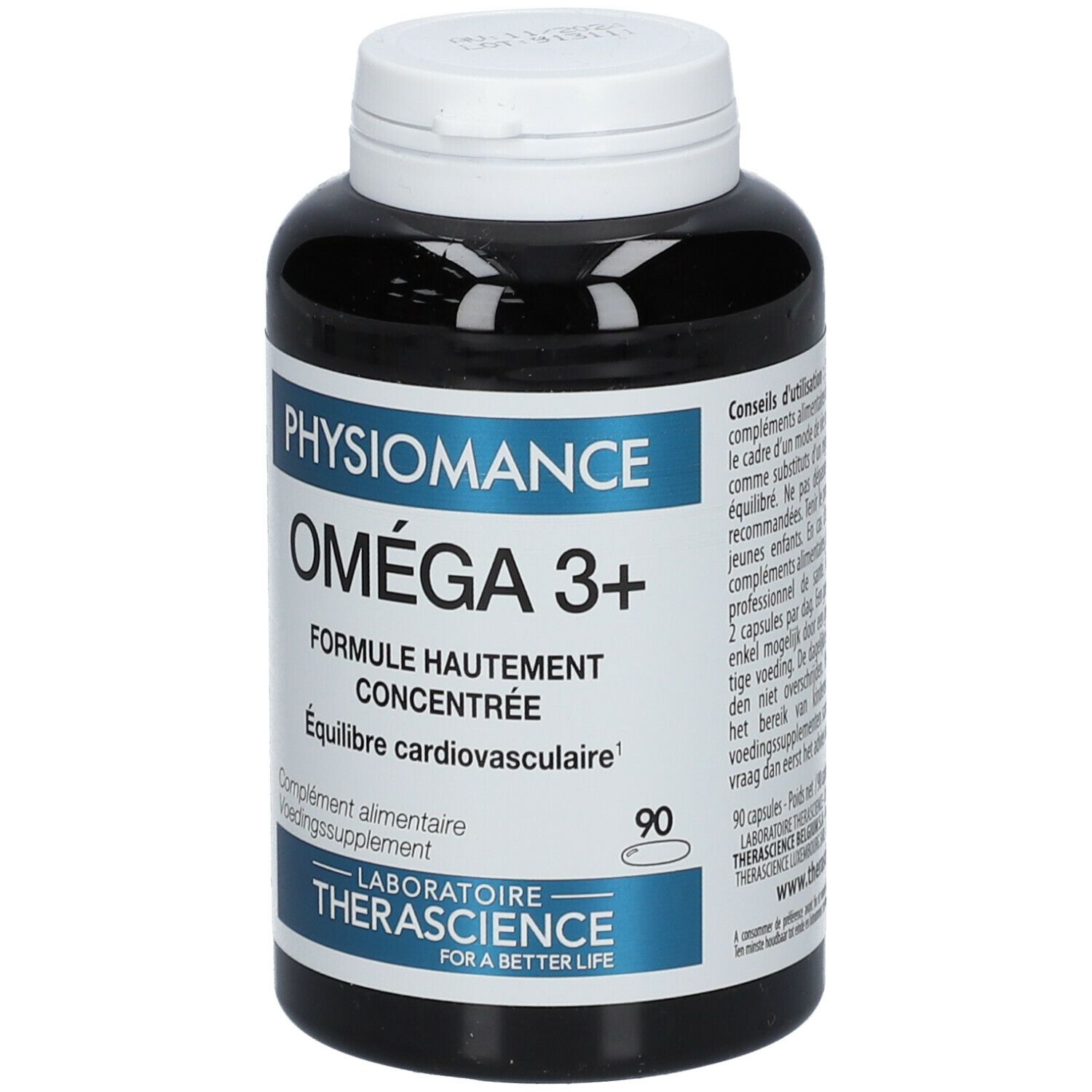 Flacon noir avec bouchon blanc. Inscription PHYSIOMANCE OMEGA 3+. Contient 90 capsules. Laboratoire THERASCIENCE.