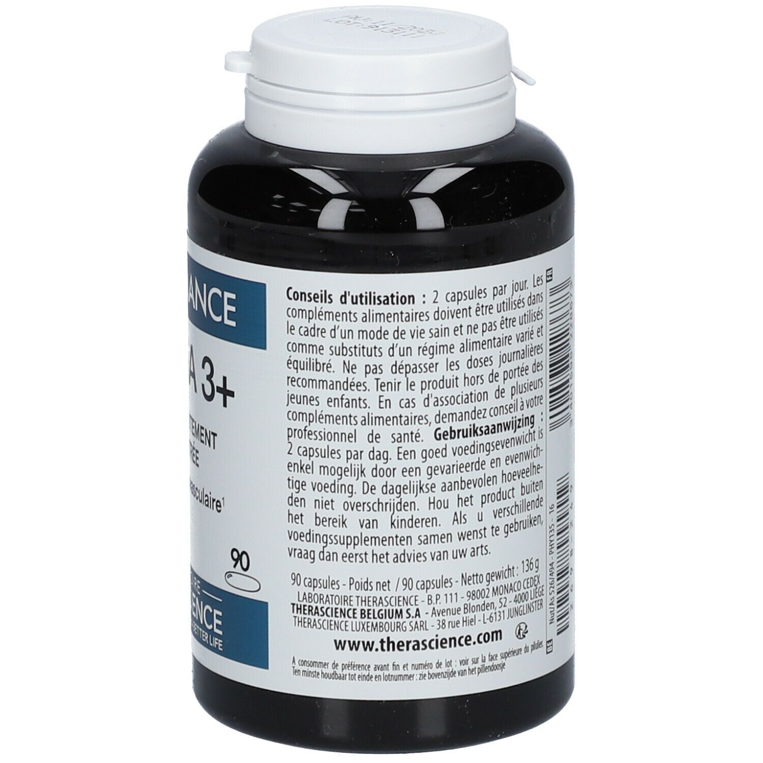 Flacon noir avec bouchon blanc. Inscription PHYSIOMANCE OMEGA 3+. Contient 90 capsules. Laboratoire THERASCIENCE.