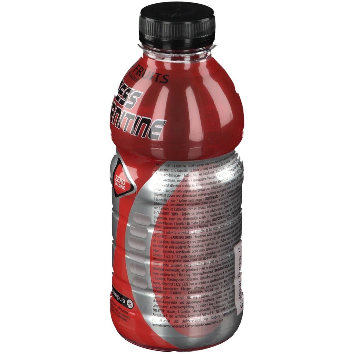Rote Flüssigkeit in einer Flasche mit schwarzem Deckel. Aufschrift: Fitness L-Carnitine. Rückseite mit Text.