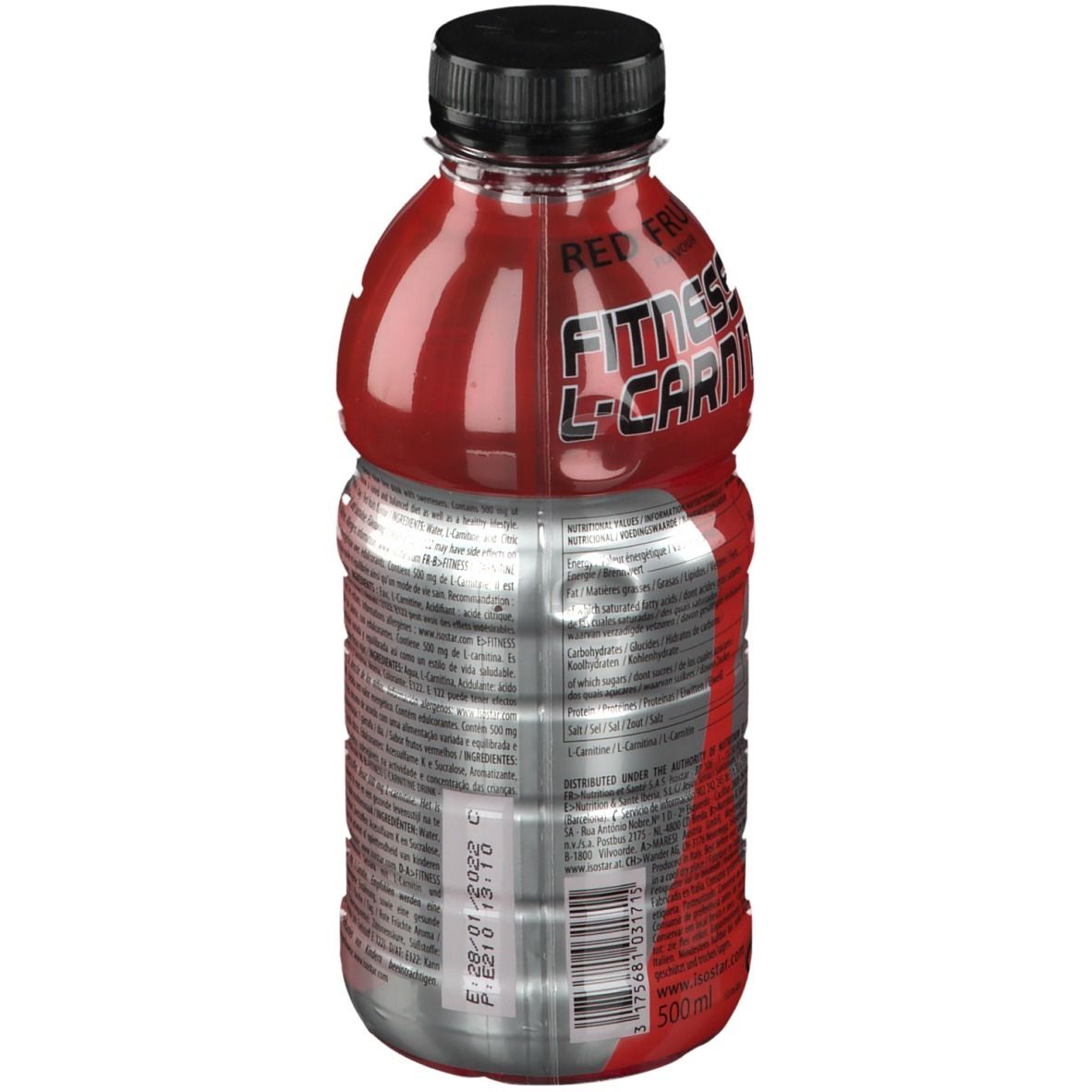 Rote Flüssigkeit in einer Flasche mit schwarzem Deckel. Aufschrift: Fitness L-Carnitine. Rückseite mit Text und Datumsangabe.
