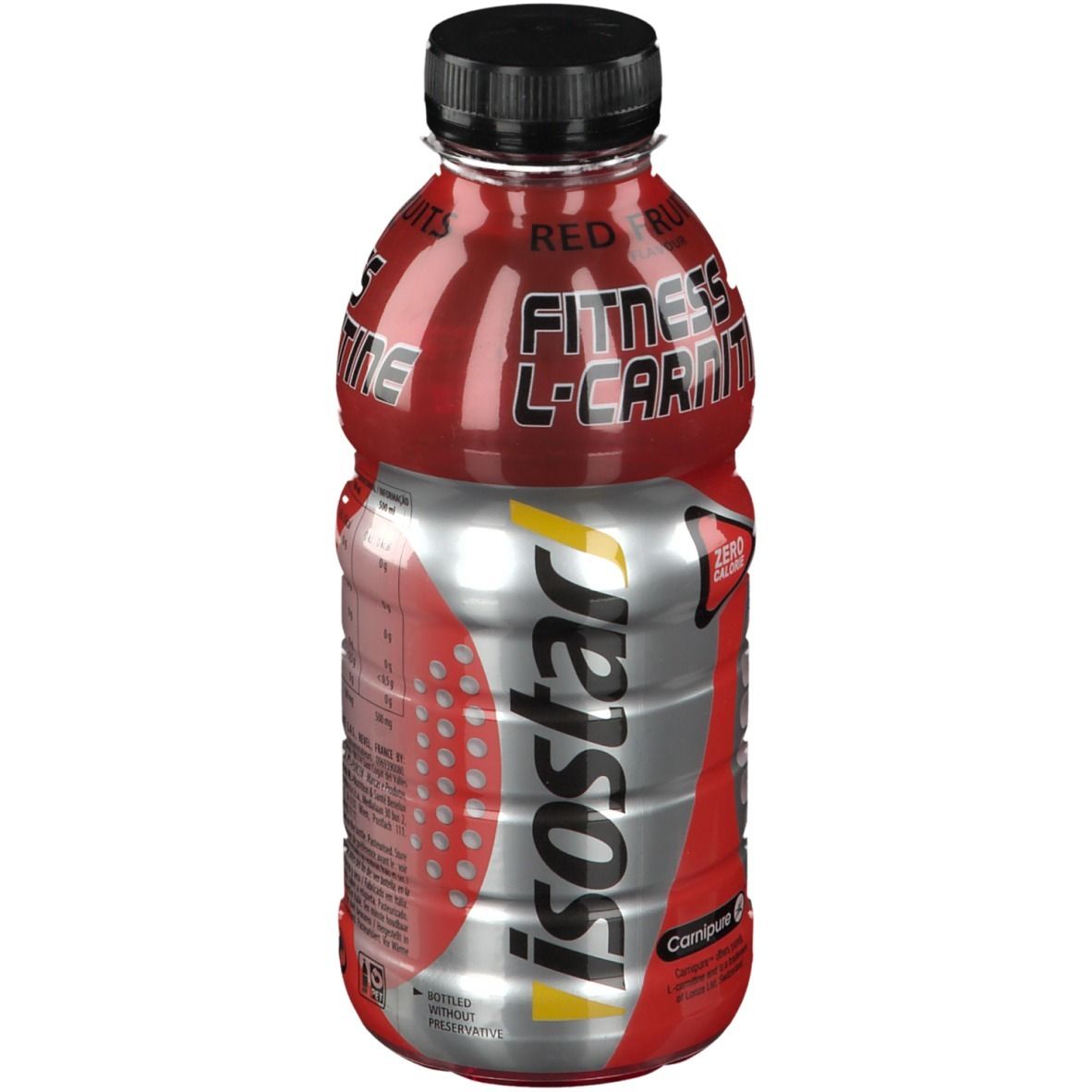 Rote Flüssigkeit in einer Flasche mit schwarzem Deckel. Aufschrift: Fitness L-Carnitine, isostar. Zero Calories.