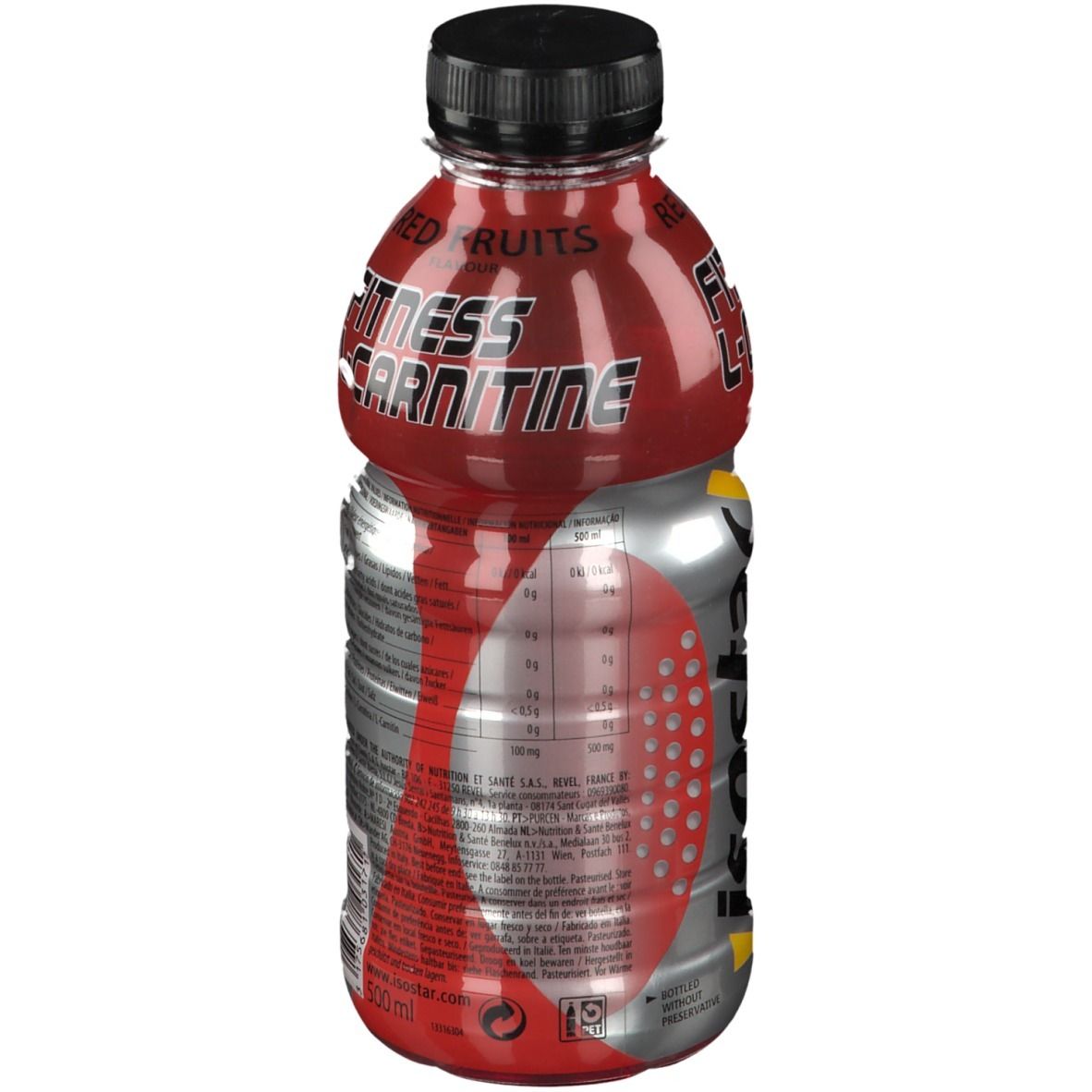 Rote Flüssigkeit in einer Flasche mit schwarzem Deckel. Aufschrift: Fitness L-Carnitine, isostar. 500ml.
