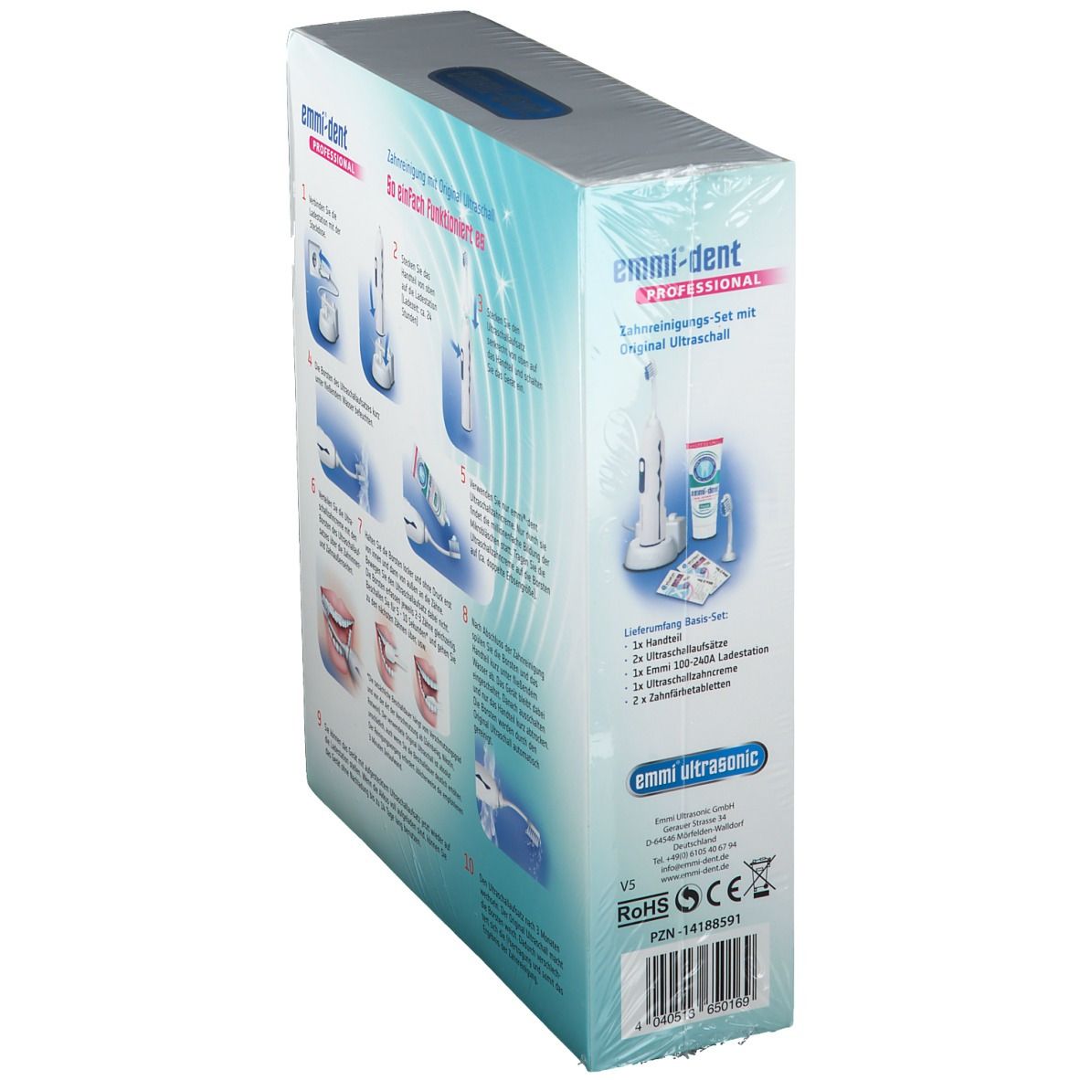 Seitenansicht der Verpackung der emmi®-dent Ultraschall-Zahnbürste. Abbildungen und Text über das Produkt. Enthält Zubehör.