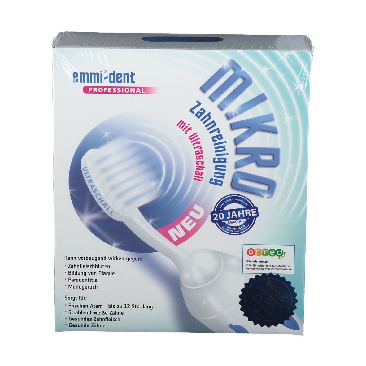 Verpackung der emmi®-dent Ultraschall-Zahnbürste. Aufschrift: Mikro Zahnreinigung mit Ultraschall. Enthält eine Zahnbürste.