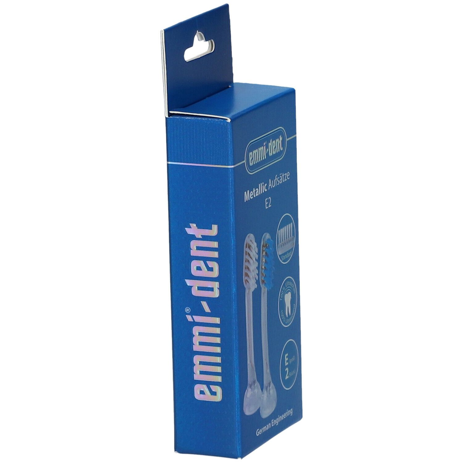 Emballage bleu avec logo emmi-dent et deux têtes de brosse. Inscription : Metallic Aufsätze E2.