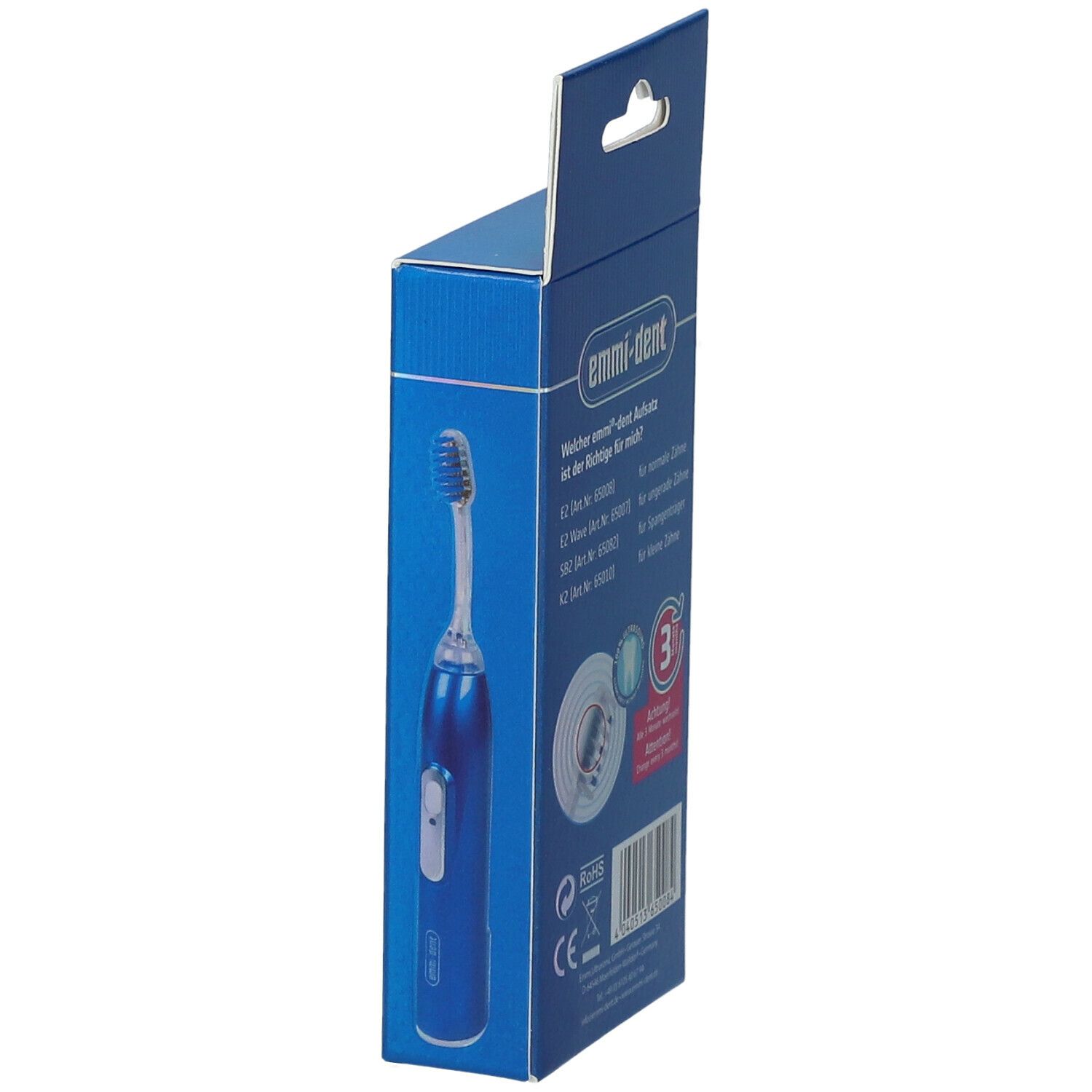 Emballage bleu avec brosse à dents et informations produit. Inscription : emmi-dent. Infos sur les têtes.