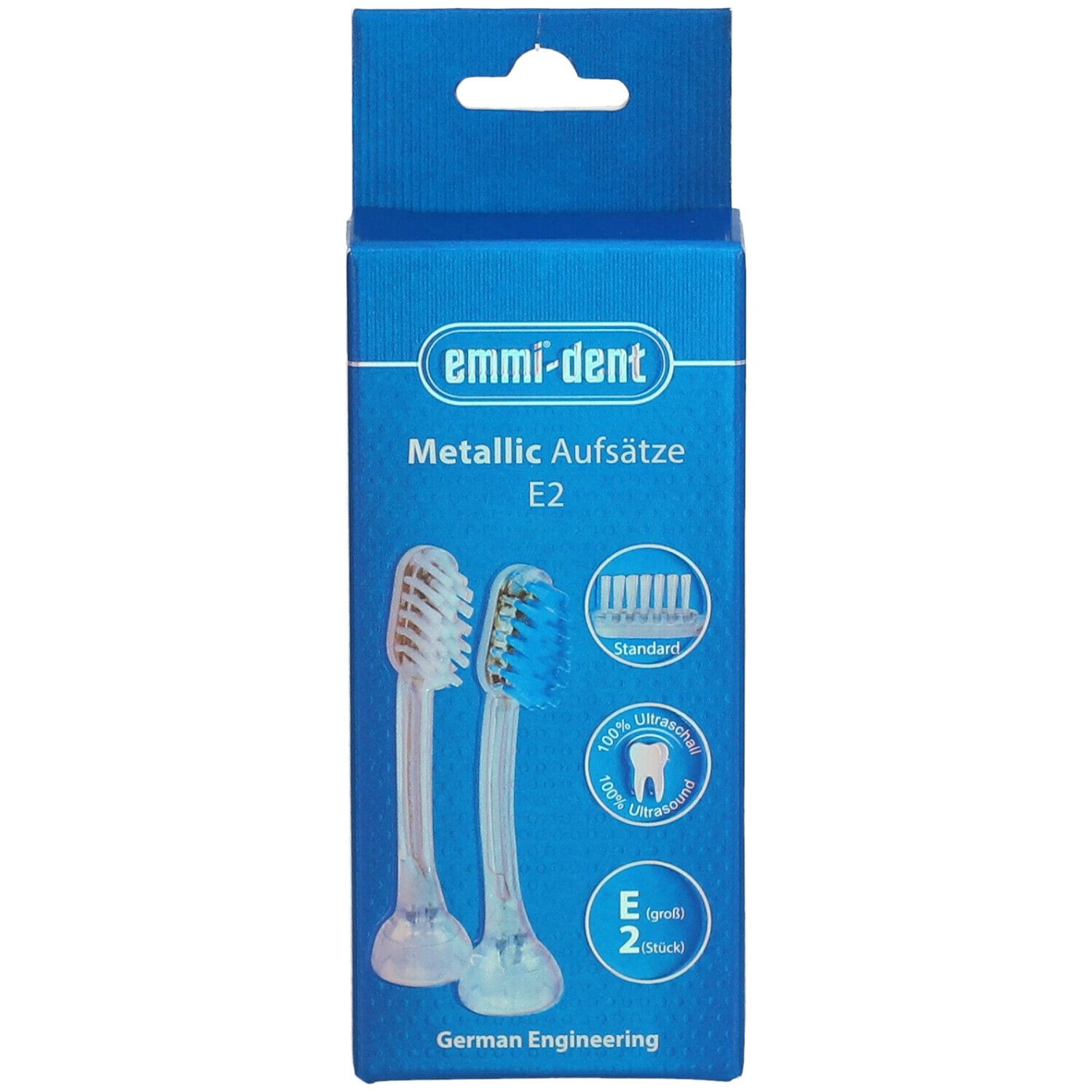 Emballage bleu avec deux têtes de brosse. Inscription : emmi-dent, Metallic Aufsätze E2.