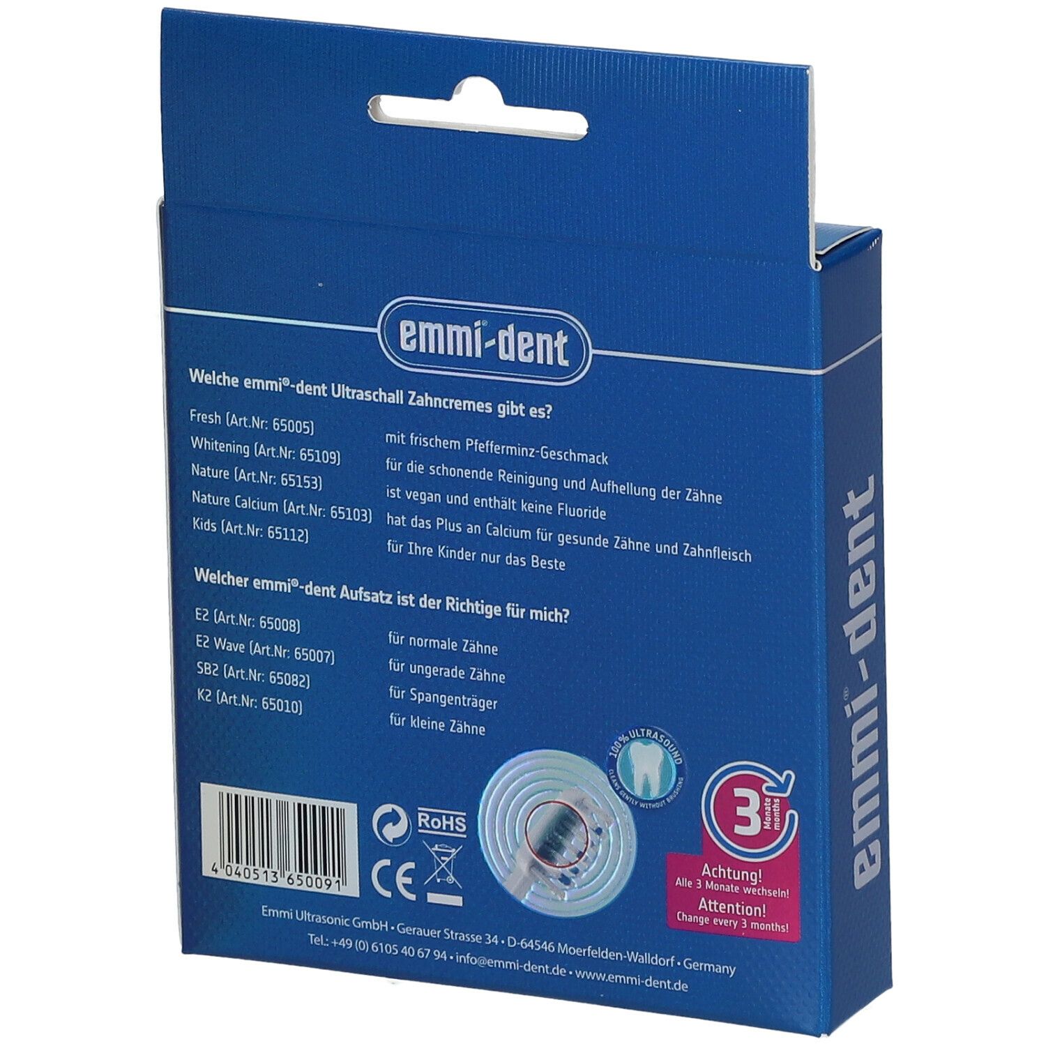 Dos de la boîte bleue avec informations produit et logos. Contient des informations sur les différentes têtes.
