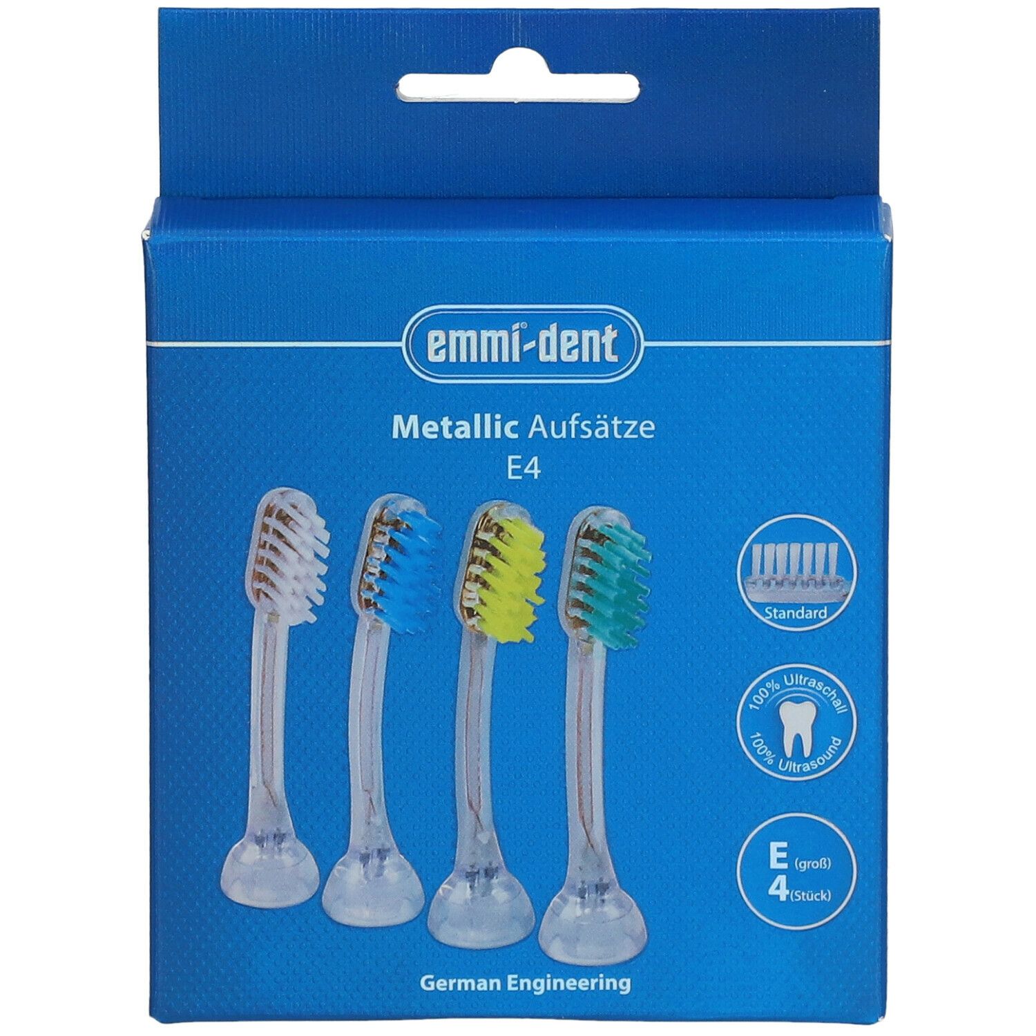 Boîte avec quatre têtes de brosse Emmi-Dent E4 Metallic. Soies bleues, jaunes, vertes et grises.