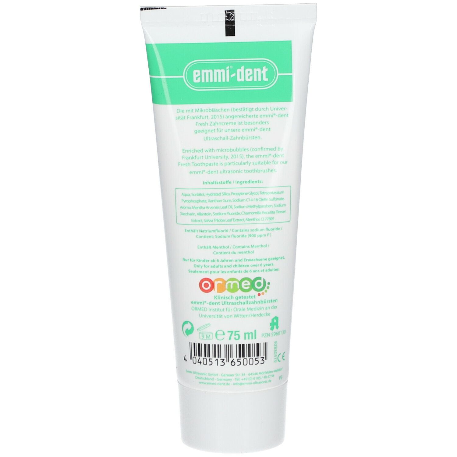 Dos du tube de dentifrice. Contient des informations sur les ingrédients et le fabricant. Volume : 75 ml.