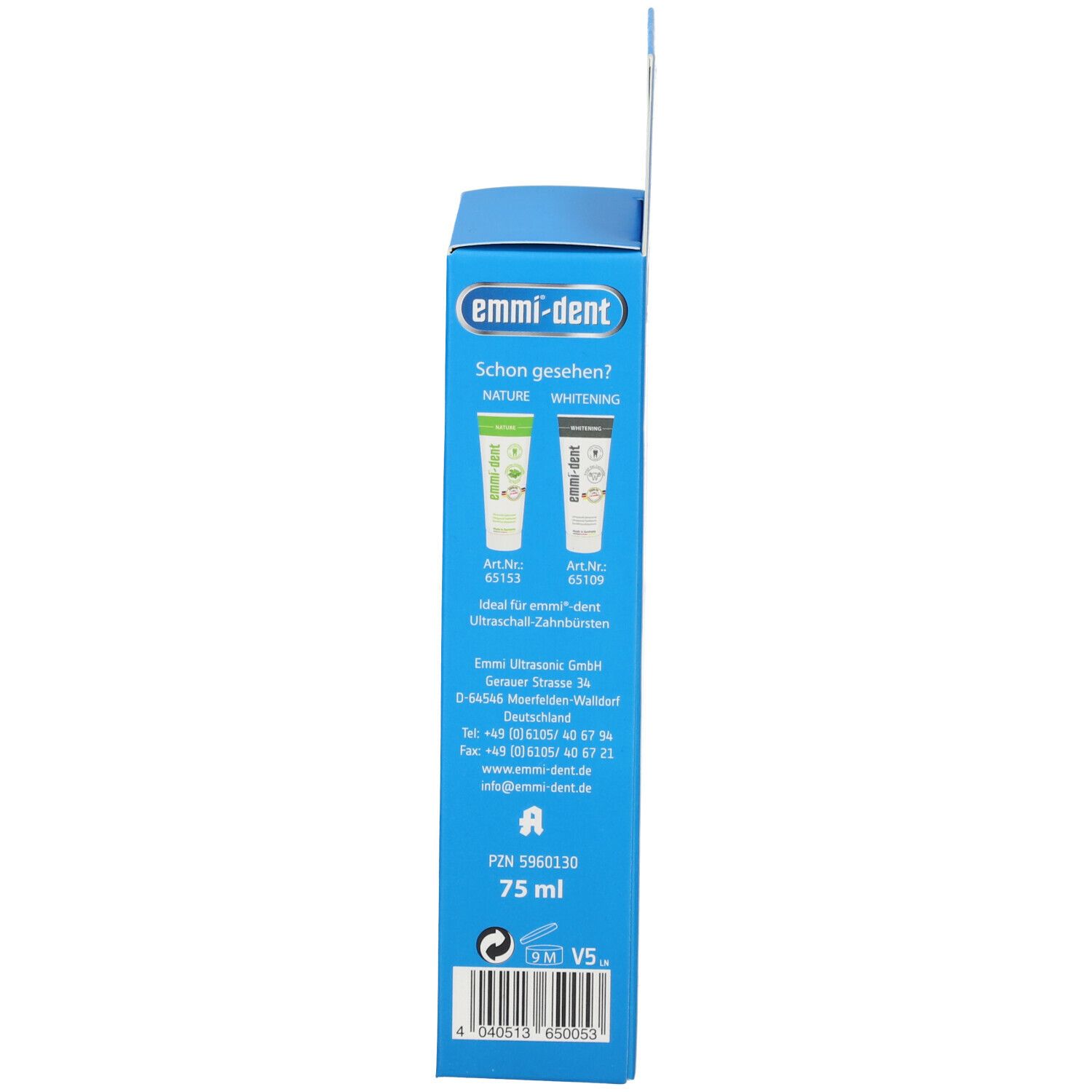 Dos de la boîte bleue. Montre deux variantes de dentifrice. Contient les coordonnées et le volume.