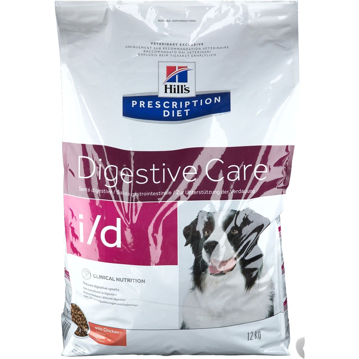 Sac de nourriture pour animaux. Inscription : Hill's Prescription Diet Digestive Care i/d. Image d'un chien. 12 kg.